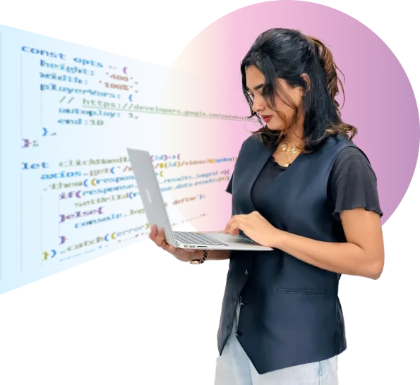 web developer standing with Laptop screen showing web development code in z Academy